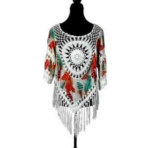 Boho Crochet Fringe Top with Feather Print Women’s Small No Tags Beachy Vacation